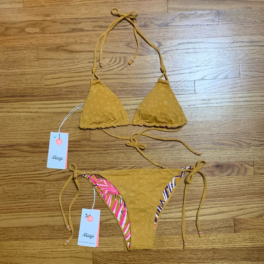 Maaji swimsuit - textured yellow ochre bikini set - sliding top, cheeky bottoms